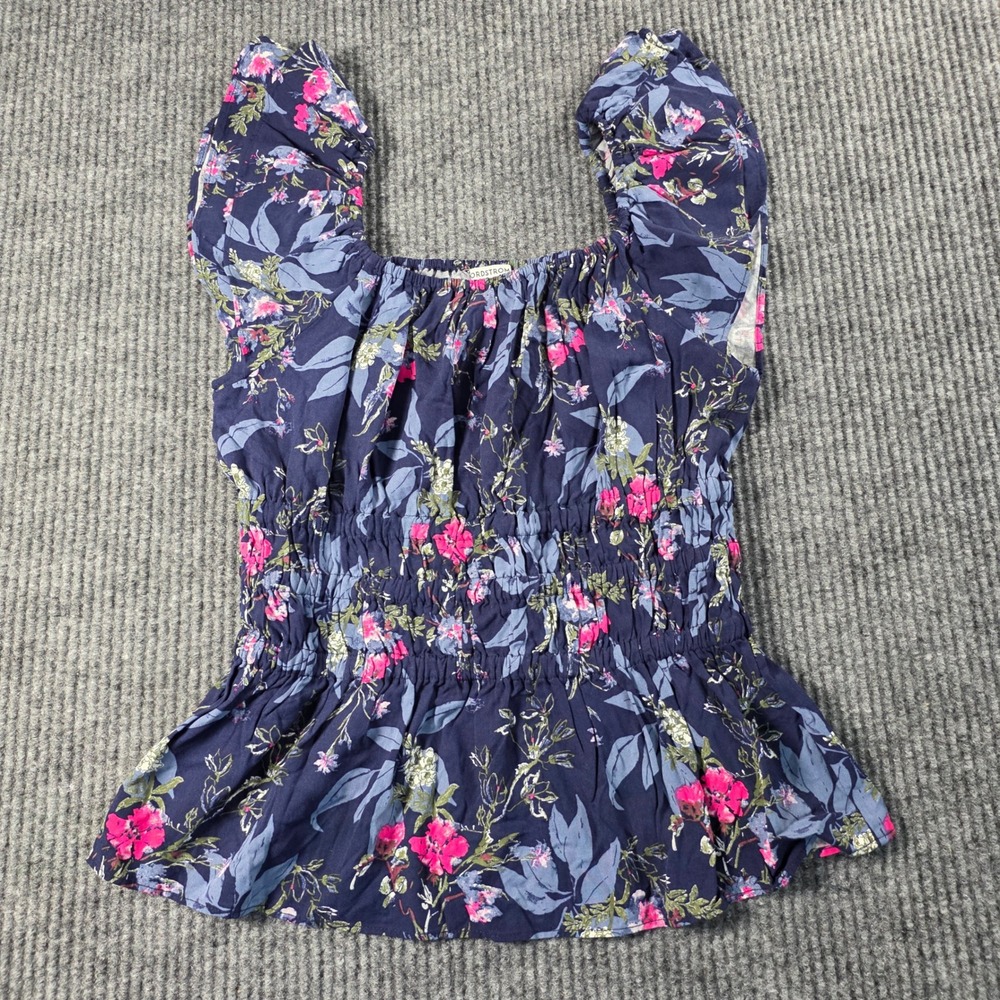 Nordstrom Floral Smocked Peplum Top Navy Blue Pink‎ Ruffle Sleeve XL 14/16 NWT